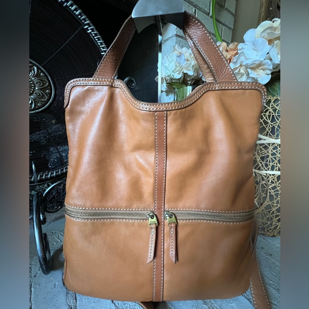 Fossil Erin Foldover Butter Soft Smooth Caramel Leather Tote Crossbody Bag